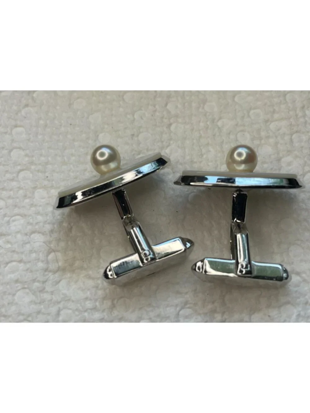 Vintage Japanese Silver Pearl Cufflinks Tie Clip Set Mother of Pearl Akoya Mid C